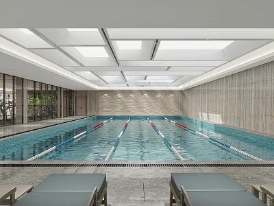 Modern Indoor Swimming Pool With Skylight Ceiling Marble Walls And Lounge Chairs 3d model