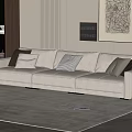Modern Beige Three Seater Sofa With Soft Cushions And Area Rug In Living Room