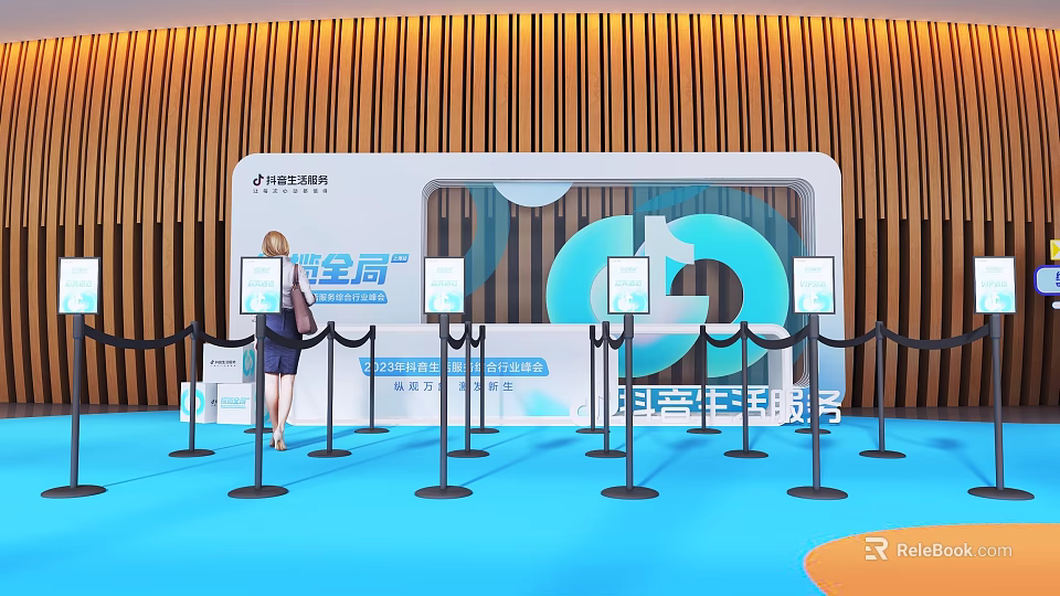 China Gold Booth Photo Check-in Spot With Blue Carpet Wooden Wall And Logo 3d model 
