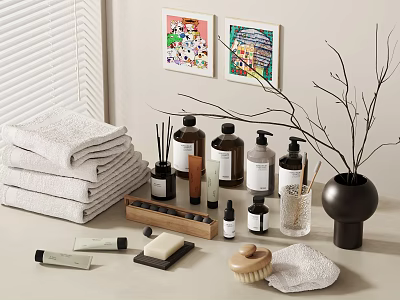 Minimalist Bathroom Decorative Ornament Set With Stacked Towels Aromatic Bottles Twig Branches And Ceramic Vase 3d model
