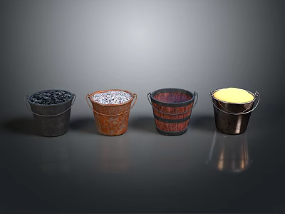 Four Colorful Decorative Buckets With Varied Materials And Metal Handles 3d model