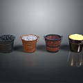 Four Colorful Decorative Buckets With Varied Materials And Metal Handles
