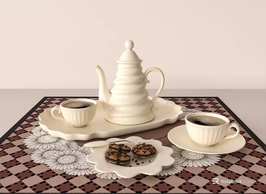 Elegant White Tea Set with Teapot Cups Tray and Cookies on Patterned Tablecloth 3d model 