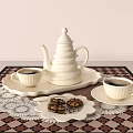 Elegant White Tea Set with Teapot Cups Tray and Cookies on Patterned Tablecloth