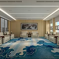Spacious Conference Room With Large Windows Blinds Beige Sofas Wooden Walls And Blue Patterned Carpet