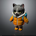 Cute Gray Cartoon Cat Wearing Orange Coat And Blue Backpack Standing On Dark Background