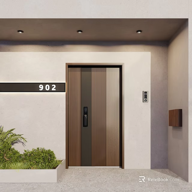 Modern Front Door With Wooden Texture 902 House Number Light Colored Wall And Green Plants 3d model 