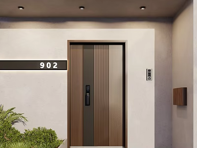 Modern Front Door With Wooden Texture 902 House Number Light Colored Wall And Green Plants 3d model