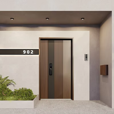 Modern Front Door With Wooden Texture 902 House Number Light Colored Wall And Green Plants 3d model