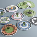 Various Circular Park Landscape Designs With Lawn Trees Paths And Water Features 3d model