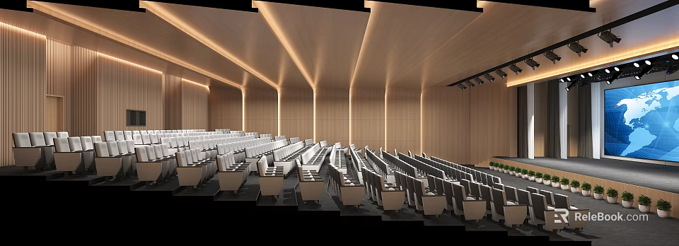 Spacious Modern Auditorium With Neatly Arranged Seats And Wooden Ceiling Lighting 3d model 