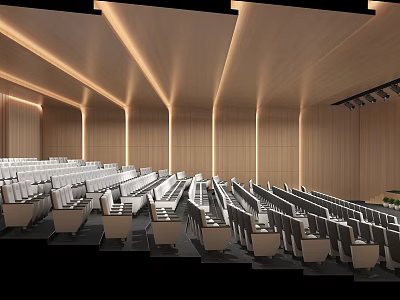 Spacious Modern Auditorium With Neatly Arranged Seats And Wooden Ceiling Lighting 3d model