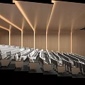Spacious Modern Auditorium With Neatly Arranged Seats And Wooden Ceiling Lighting