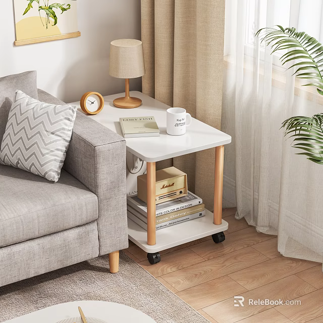 Stylish White Side Table With Wooden Legs Sofa Lamp And Books In Living Room 3d model 