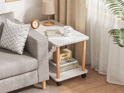 Stylish White Side Table With Wooden Legs Sofa Lamp And Books In Living Room 3d model