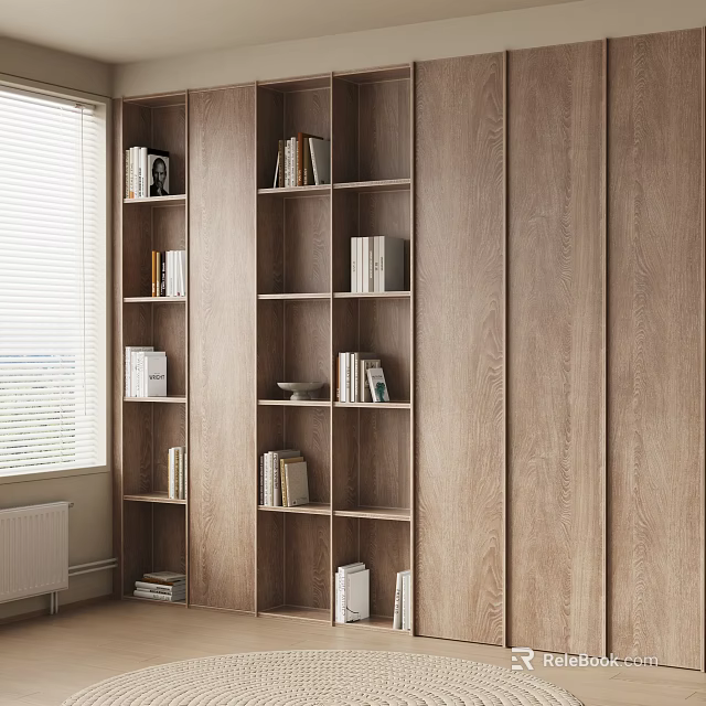 Modern Wooden Bookshelf Interior With Open Multi Layer Shelves And Natural Light 3d model 