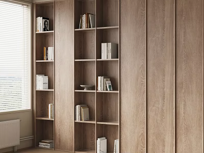 Modern Wooden Bookshelf Interior With Open Multi Layer Shelves And Natural Light 3d model