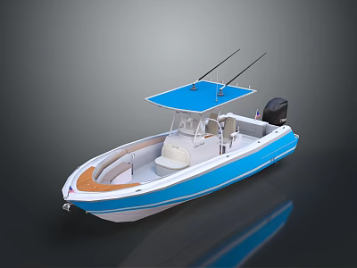 Blue Open Cockpit Boat With Fishing Rod Holders Seats And Outboard Motor 3d model