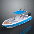 Blue Open Cockpit Boat With Fishing Rod Holders Seats And Outboard Motor