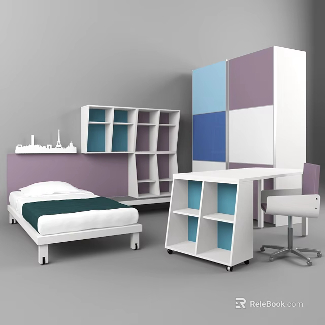 Single Bed In Modern Bedroom With Purple Blue White Wardrobe Bookshelf Desk Chair 3d model 