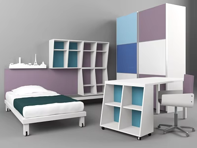 Single Bed In Modern Bedroom With Purple Blue White Wardrobe Bookshelf Desk Chair 3d model