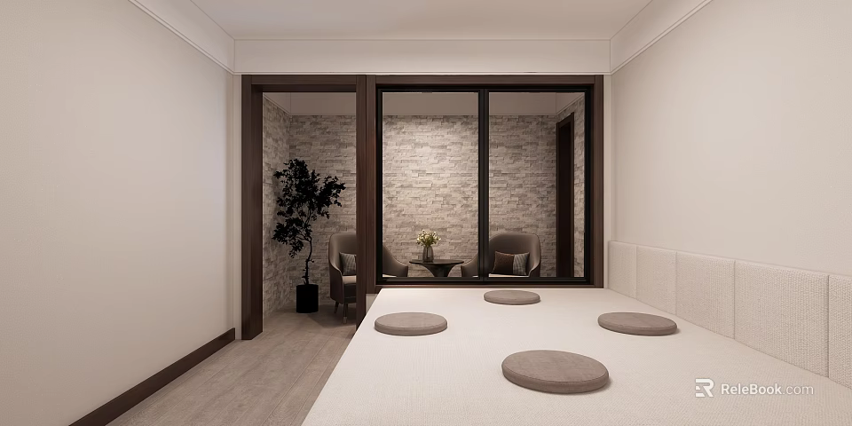 Tatami Bedroom Interior With Tatami Bed Round Cushions Sliding Doors And Green Plant 3d model 