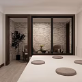 Tatami Bedroom Interior With Tatami Bed Round Cushions Sliding Doors And Green Plant