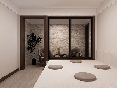 Tatami Bedroom Interior With Tatami Bed Round Cushions Sliding Doors And Green Plant 3d model