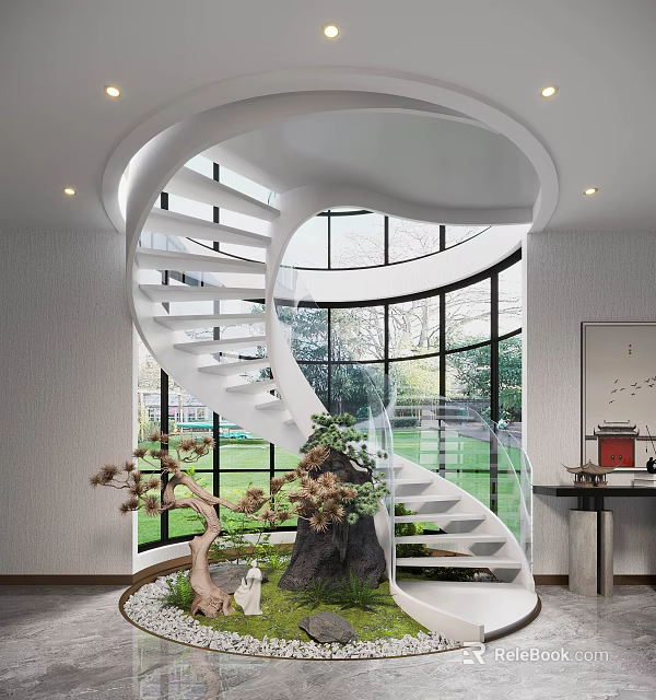 Spiral Staircase With Glass Railing In Modern Interior Large Windows And Indoor Plants 3d model 