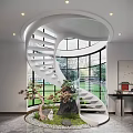 Spiral Staircase With Glass Railing In Modern Interior Large Windows And Indoor Plants