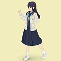 School Girl In White Jacket Blue Scarf Dark Pleated Skirt White Sneakers On Yellow Background
