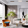 Modern Living Room Interior With Beige Sofa Coffee Tables Plants Pendant Lights And Wall Art