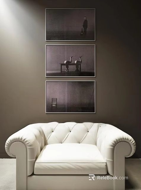 Modern White Single Sofa With Tufted Back And Decorative Wall Paintings 3d model 