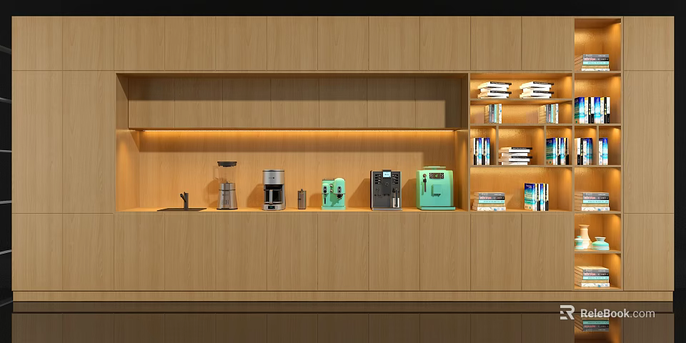 Modern Wooden Bookcase Interior Design With LED Lighting And Organized Books Decorations 3d model 