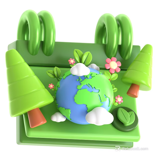 Green Themed Decorative Ornament Set With Globe Trees Clouds Flowers Leaves And Spiral Elements 3d model 