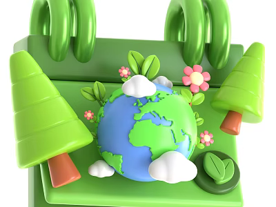 Green Themed Decorative Ornament Set With Globe Trees Clouds Flowers Leaves And Spiral Elements 3d model