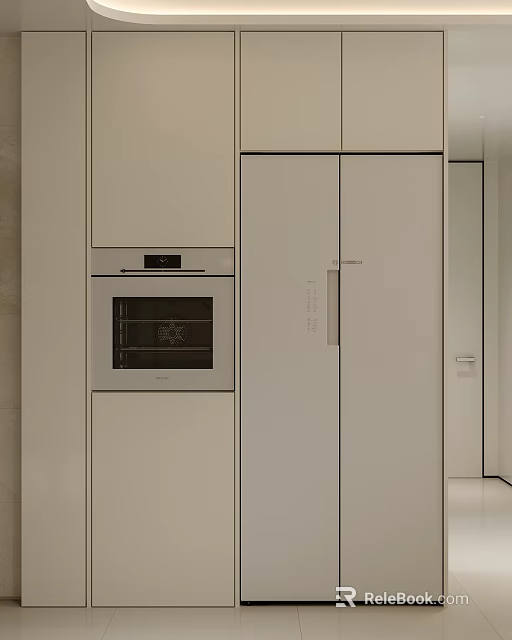 Modern Kitchen Interior Featuring Light Colored Cabinets With Built in Oven And Refrigerator 3d model 
