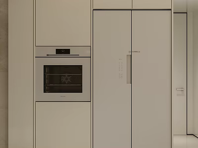 Modern Kitchen Interior Featuring Light Colored Cabinets With Built in Oven And Refrigerator 3d model