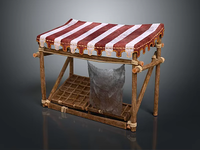 Traditional Rustic Wooden Stall With Red White Striped Awning And Shelf 3d model