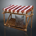 Traditional Rustic Wooden Stall With Red White Striped Awning And Shelf