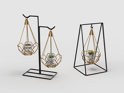 Geometric Metal Frame Hanging Decorative Ornament Set With Glass Containers And Small Plants 3d model