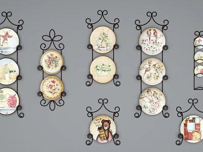 Vintage Wall Decor With Iron Scrollwork Hangers And Various Patterned Plates 3d model