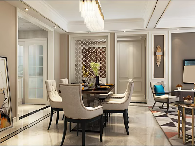 Elegant Dining And Living Room Interior With Chandelier Dining Table Decorative Partition And Sofa 3d model