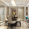 Elegant Dining And Living Room Interior With Chandelier Dining Table Decorative Partition And Sofa
