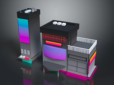 Cartoon Scenery With Colorful Black Buildings Blue Purple Gradient Red Yellow Stripes And White Balcony 3d model