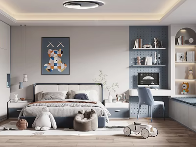 Cozy Kids Room Interior With Bed Decorative Painting Bookshelves Desk And Toys 3d model