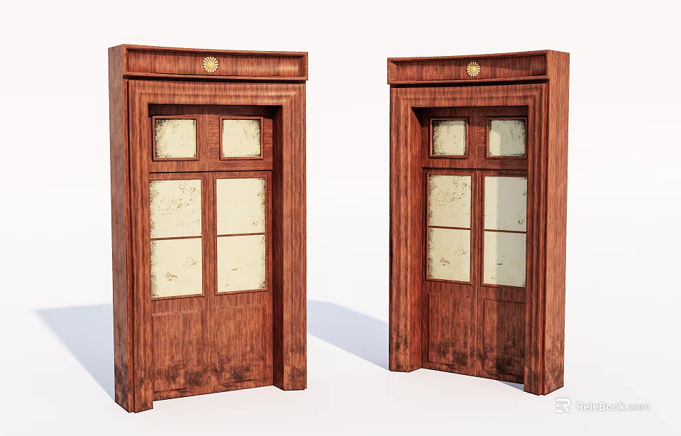Wooden Swing Doors with Glass Panels and Decorative Door Frames Design 3d model 