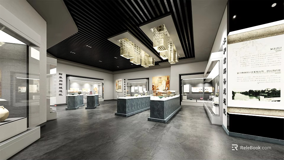 Modern Cultural Center Exhibition Hall With Display Counters Chandeliers And Exhibits 3d model 