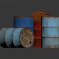 Rusty Metal Drums in Blue Red with Upright Tilted Rusted Surfaces 3d model