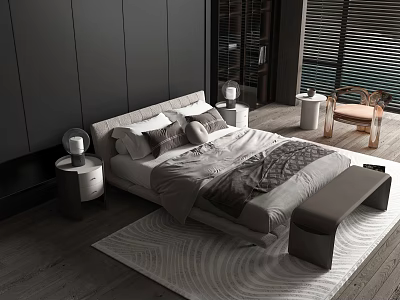 Modern Minimalist Double Bed Bedroom Interior With Gray Bedding Nightstand Lamp And Wooden Floor 3d model